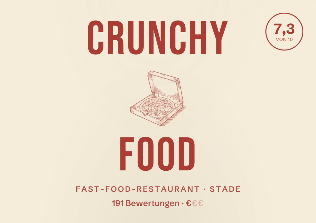Illustriertes Poster von CRUNCHY FOOD, Fast-Food-Restaurant in Stade: Bewertung 7,3 von 10 aus 191 Bewertungen, Preisniveau €