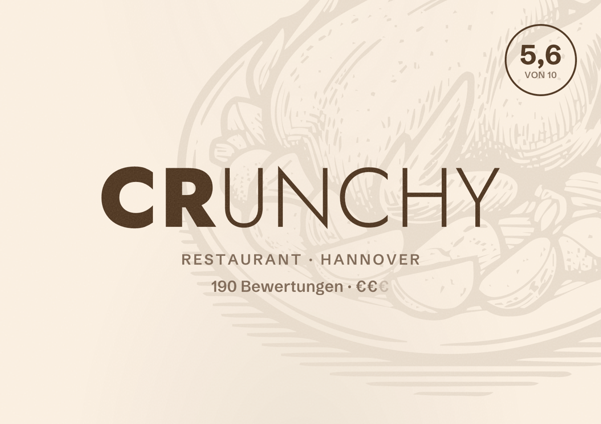 Illustriertes Poster von CRUNCHY, Restaurant in Hannover: Bewertung 5,6 von 10 aus 190 Bewertungen, Preisniveau €€