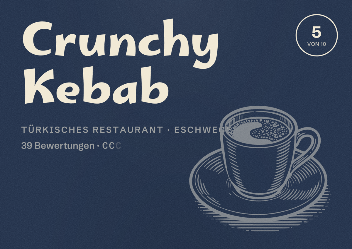 Illustriertes Poster von Crunchy Kebab, Türkisches Restaurant in Eschwege: Bewertung 5 von 10 aus 39 Bewertungen, Preisniveau €€
