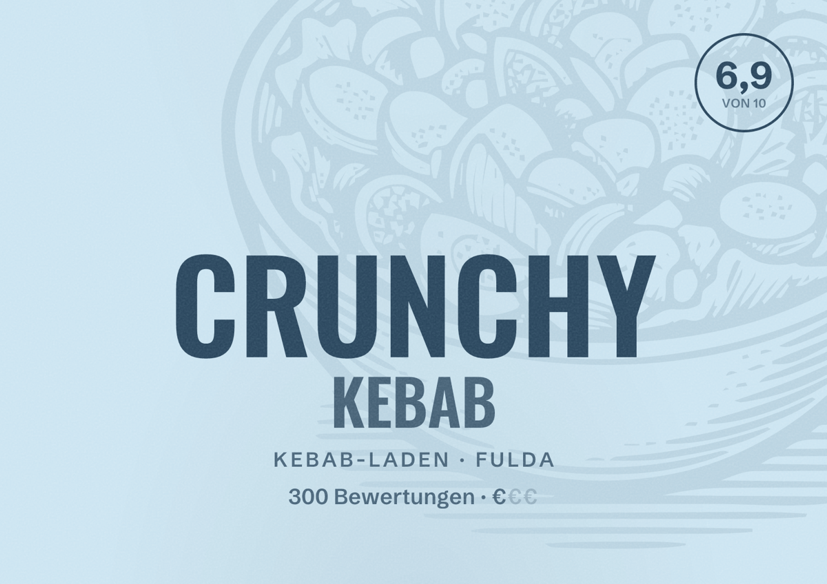 Illustriertes Poster von CRUNCHY KEBAB, Kebab-Laden in Fulda: Bewertung 6,9 von 10 aus 300 Bewertungen, Preisniveau €