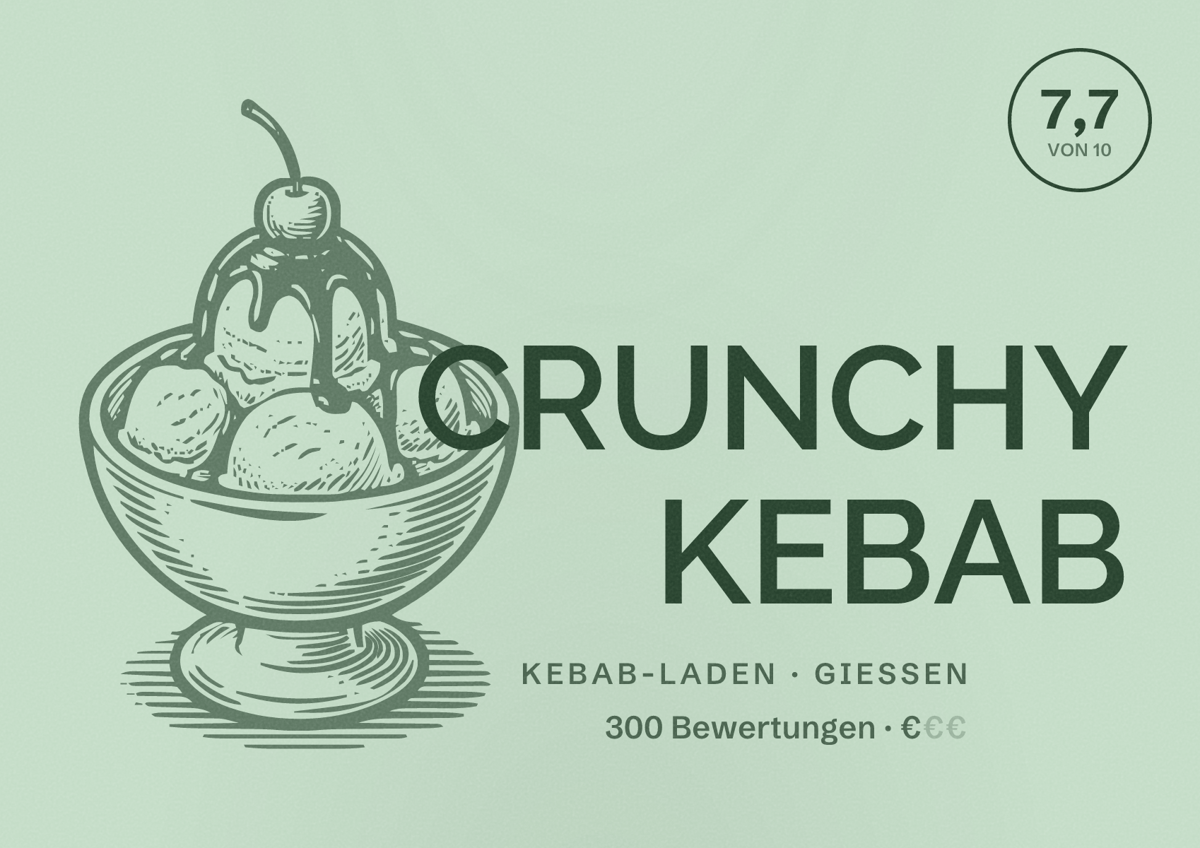 Illustriertes Poster von CRUNCHY KEBAB, Kebab-Laden in Gießen: Bewertung 7,7 von 10 aus 300 Bewertungen, Preisniveau €