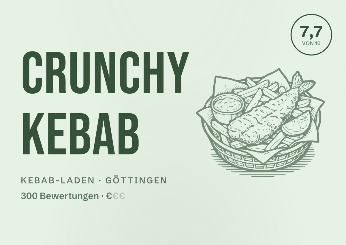 Illustriertes Poster von CRUNCHY KEBAB, Kebab-Laden in Göttingen: Bewertung 7,7 von 10 aus 300 Bewertungen, Preisniveau €