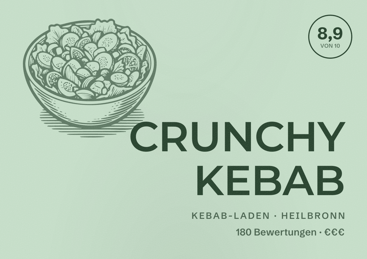 Illustriertes Poster von CRUNCHY KEBAB, Kebab-Laden in Heilbronn: Bewertung 8,9 von 10 aus 180 Bewertungen, Preisniveau €€€