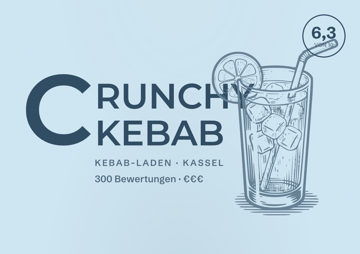 Illustriertes Poster von CRUNCHY KEBAB, Kebab-Laden in Kassel: Bewertung 6,3 von 10 aus 300 Bewertungen, Preisniveau €€€