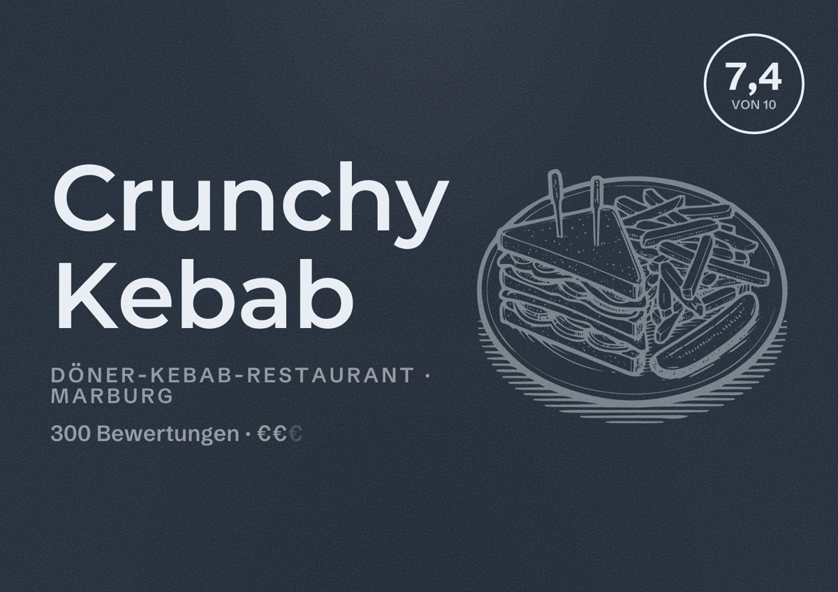 Illustriertes Poster von Crunchy Kebab, Döner-Kebab-Restaurant in Marburg: Bewertung 7,4 von 10 aus 300 Bewertungen, Preisniveau €€
