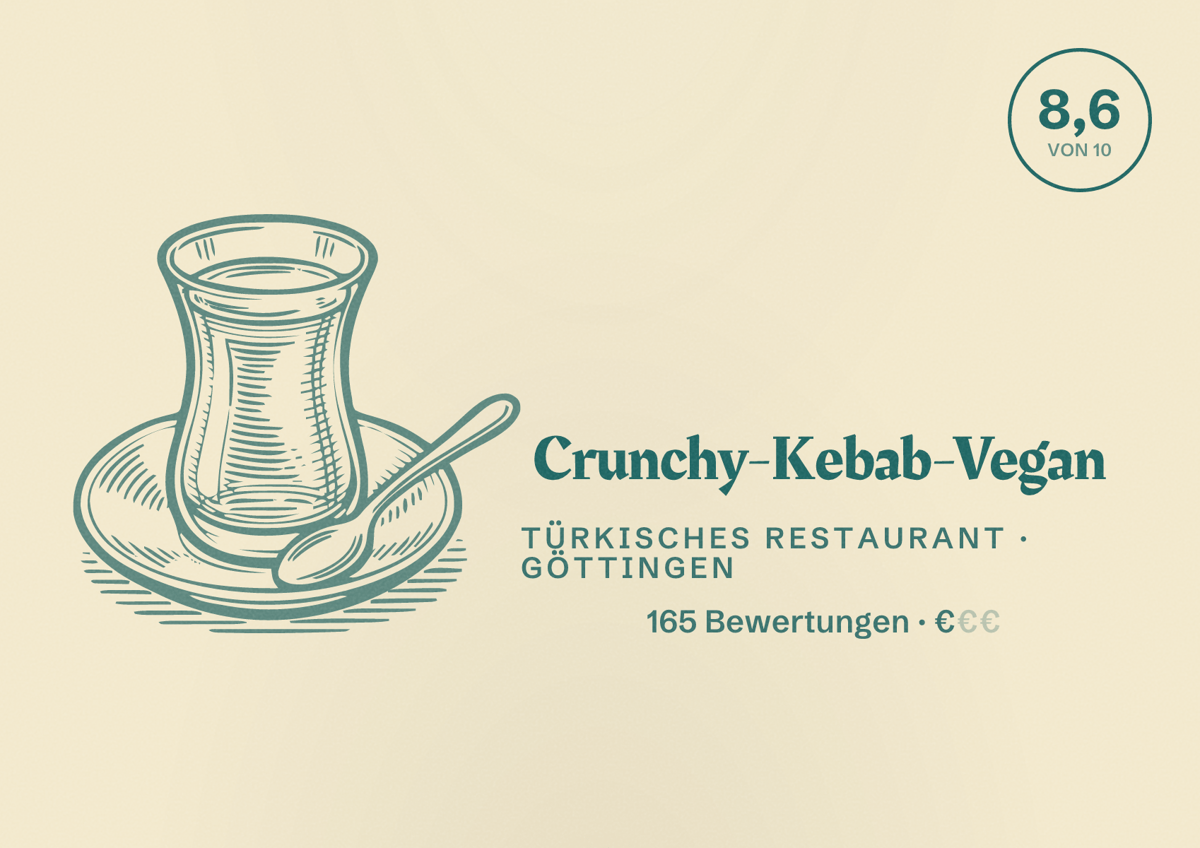 Illustriertes Poster von Crunchy-Kebab-Vegan, Türkisches Restaurant in Göttingen: Bewertung 8,6 von 10 aus 165 Bewertungen, Preisniveau €