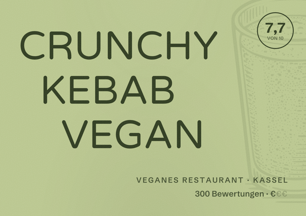 Illustriertes Poster von CRUNCHY KEBAB VEGAN, Veganes Restaurant in Kassel: Bewertung 7,7 von 10 aus 300 Bewertungen, Preisniveau €