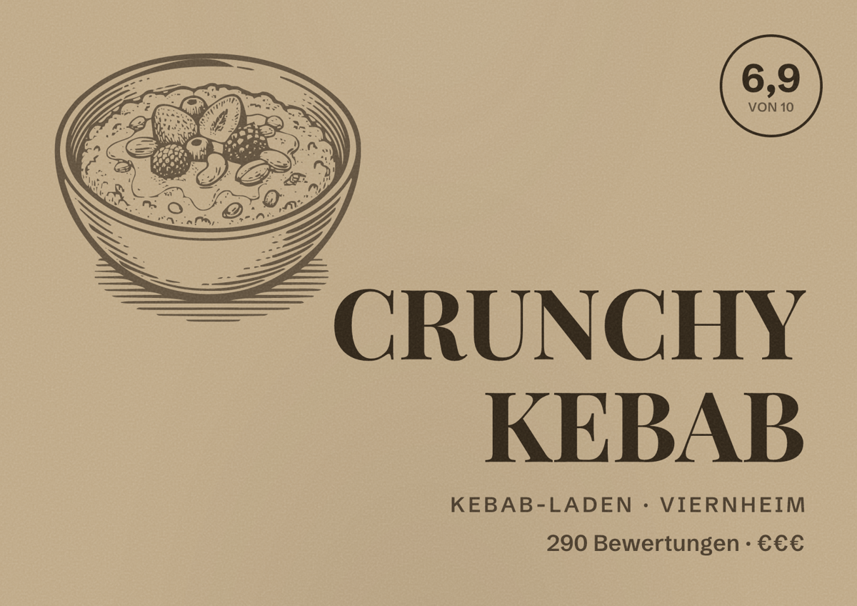 Illustriertes Poster von CRUNCHY KEBAB, Kebab-Laden in Viernheim: Bewertung 6,9 von 10 aus 290 Bewertungen, Preisniveau €€€