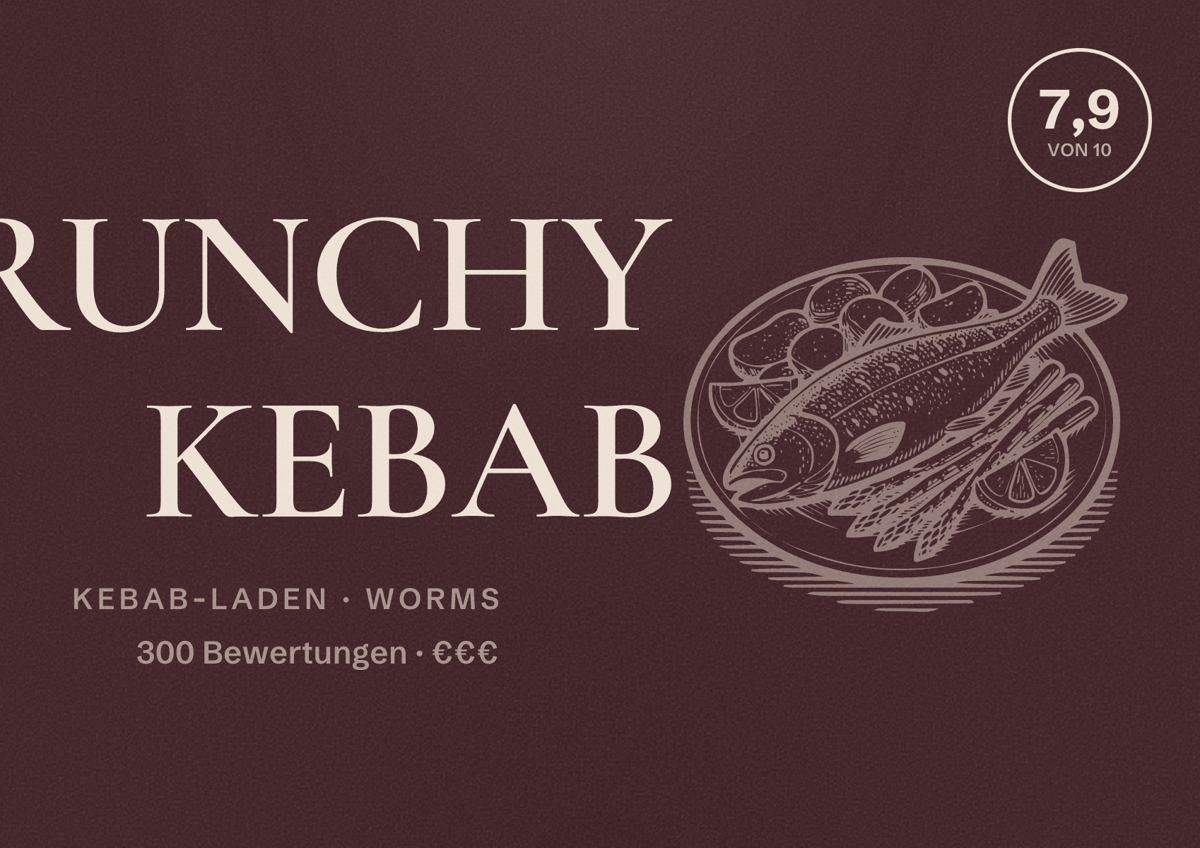 Illustriertes Poster von CRUNCHY KEBAB, Kebab-Laden in Worms: Bewertung 7,9 von 10 aus 300 Bewertungen, Preisniveau €€€