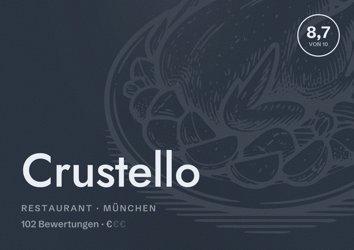 Illustriertes Poster von Crustello, Restaurant in München: Bewertung 8,7 von 10 aus 102 Bewertungen, Preisniveau €