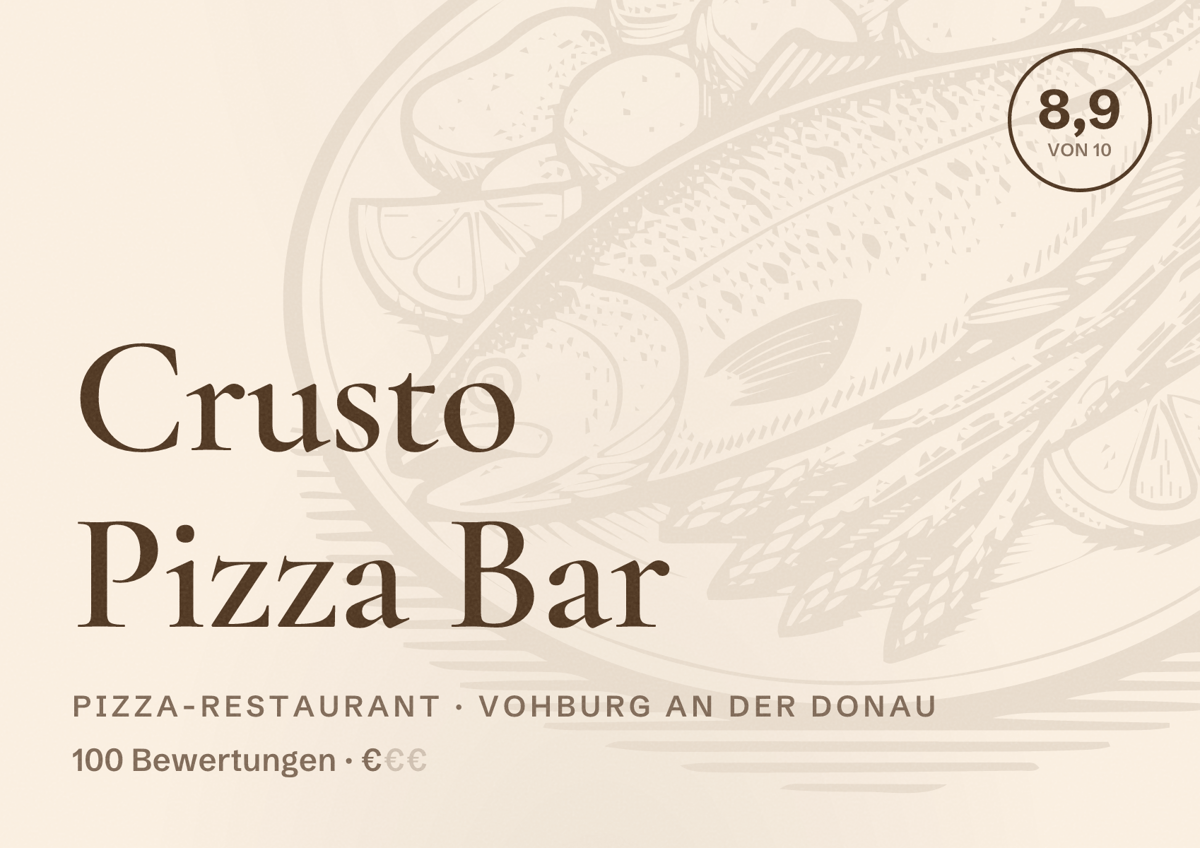 Illustriertes Poster von Crusto Pizza Bar, Pizza-Restaurant in Vohburg an der Donau: Bewertung 8,9 von 10 aus 100 Bewertungen, Preisniveau €