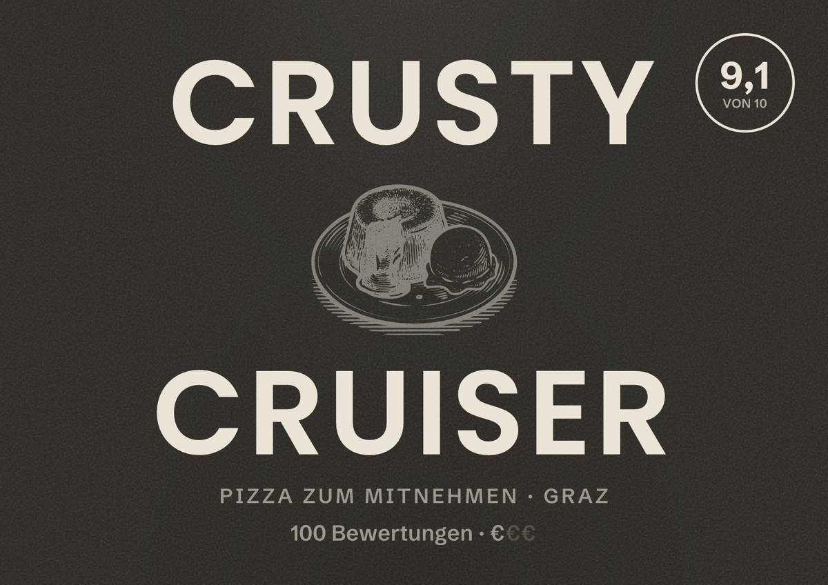 Illustriertes Poster von Crusty Cruiser, Pizza zum Mitnehmen in Graz: Bewertung 9,1 von 10 aus 100 Bewertungen, Preisniveau €