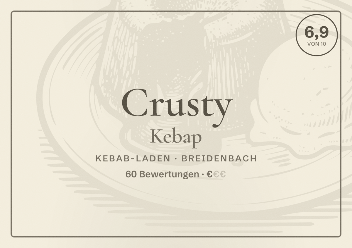 Illustriertes Poster von Crusty Kebap, Kebab-Laden in Breidenbach: Bewertung 6,9 von 10 aus 60 Bewertungen, Preisniveau €