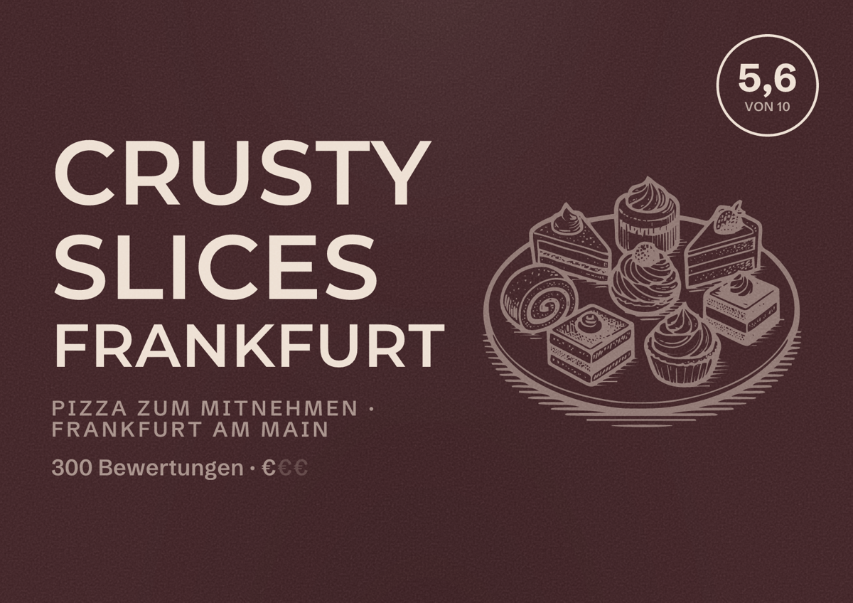 Illustriertes Poster von Crusty Slices Frankfurt, Pizza zum Mitnehmen in Frankfurt am Main: Bewertung 5,6 von 10 aus 300 Bewertungen, Preisniveau €