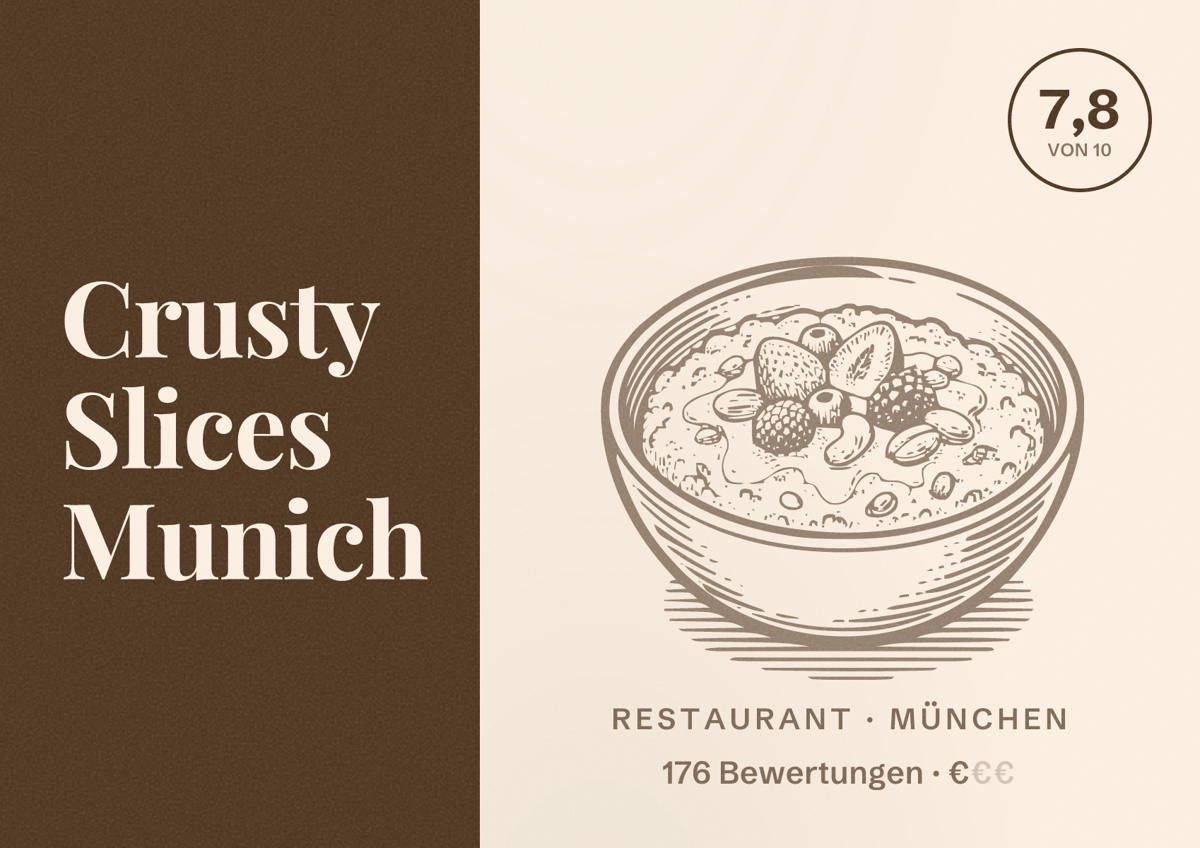 Illustriertes Poster von Crusty Slices Munich, Restaurant in München: Bewertung 7,8 von 10 aus 176 Bewertungen, Preisniveau €
