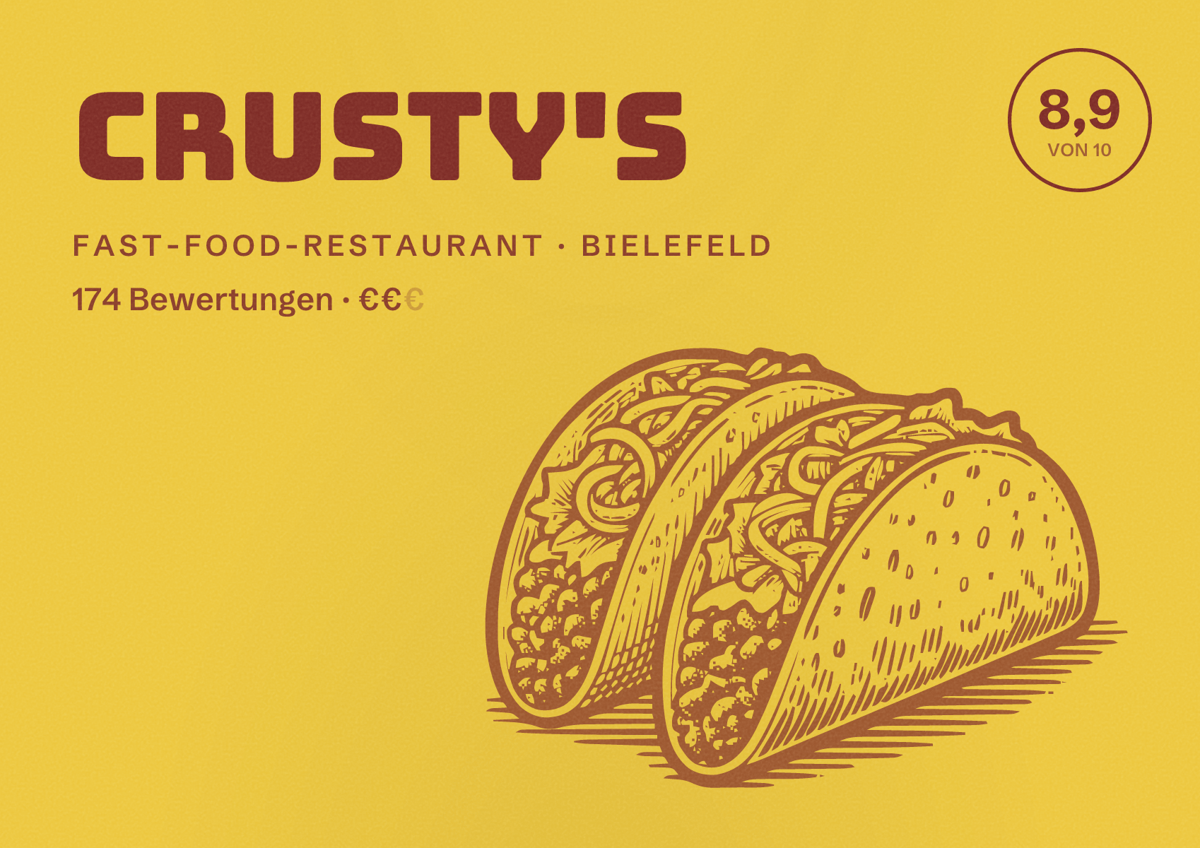 Illustriertes Poster von Crusty's, Fast-Food-Restaurant in Bielefeld: Bewertung 8,9 von 10 aus 174 Bewertungen, Preisniveau €€