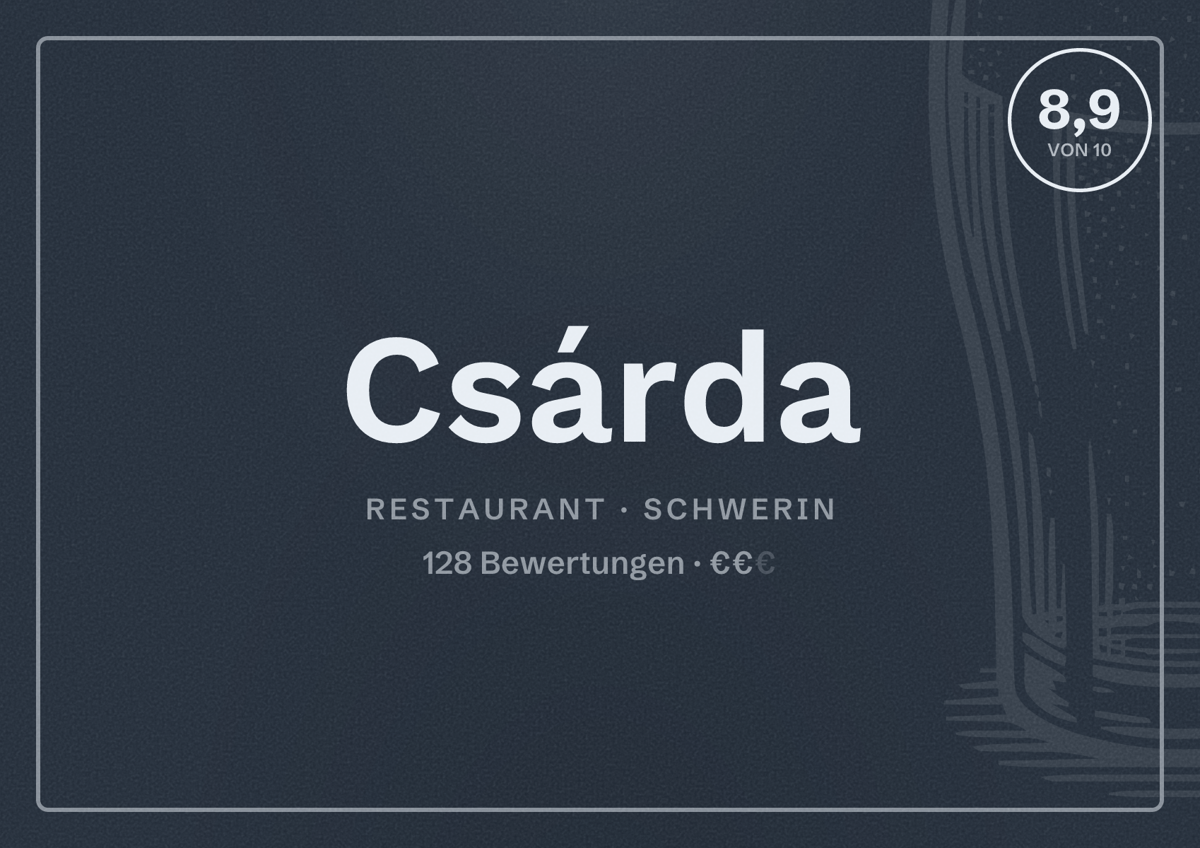 Illustriertes Poster von Csárda, Restaurant in Schwerin: Bewertung 8,9 von 10 aus 128 Bewertungen, Preisniveau €€