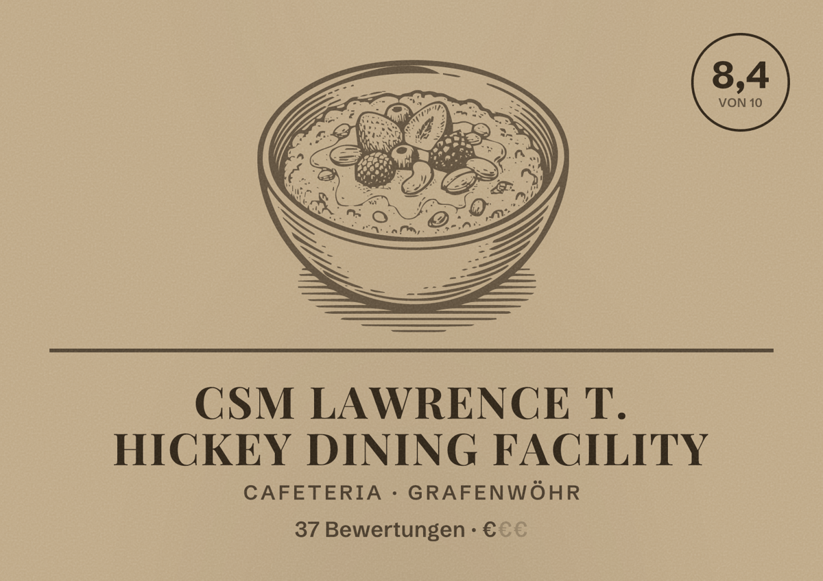 Illustriertes Poster von CSM Lawrence T. Hickey Dining Facility, Cafeteria in Grafenwöhr: Bewertung 8,4 von 10 aus 37 Bewertungen, Preisniveau €