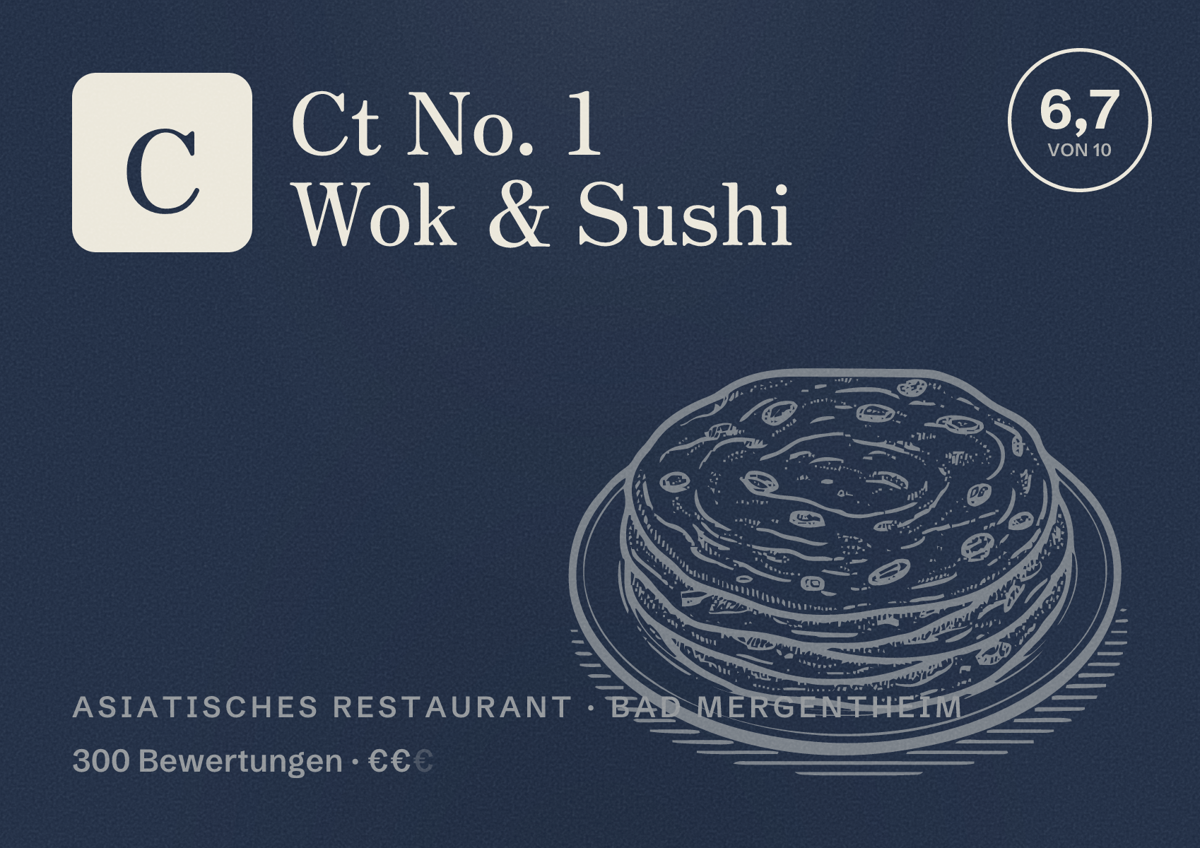 Illustriertes Poster von Ct No. 1 Wok & Sushi, Asiatisches Restaurant in Bad Mergentheim: Bewertung 6,7 von 10 aus 300 Bewertungen, Preisniveau €€