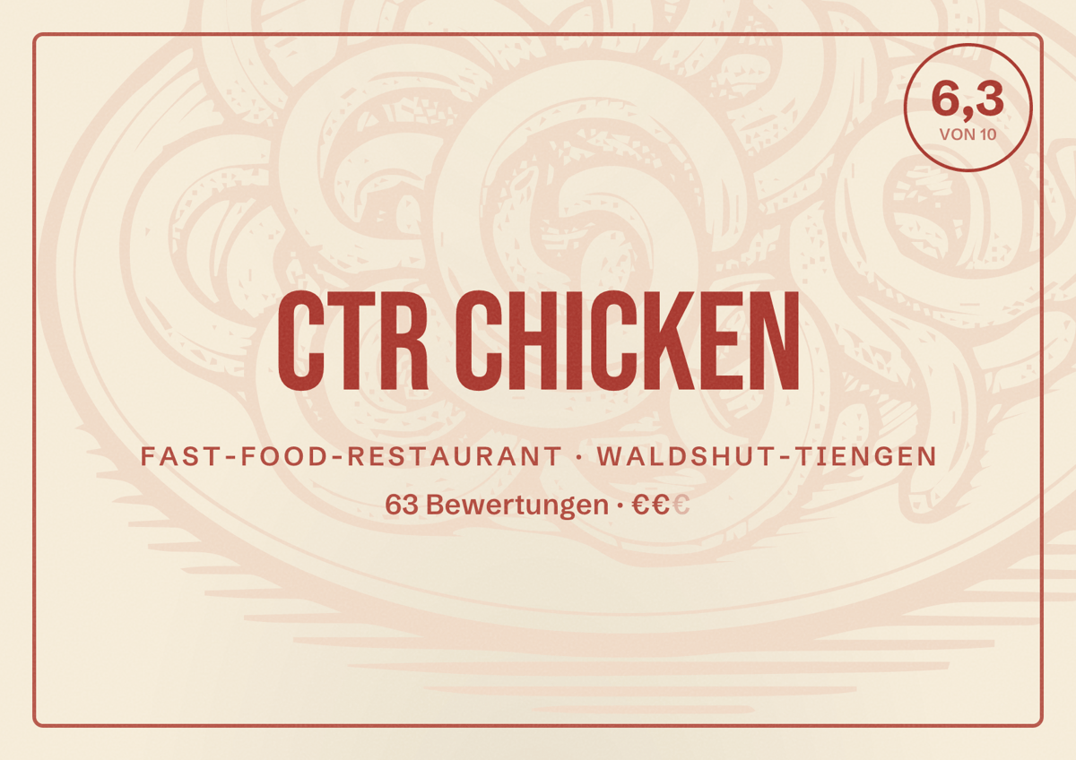 Illustriertes Poster von CTR Chicken, Fast-Food-Restaurant in Waldshut-Tiengen: Bewertung 6,3 von 10 aus 63 Bewertungen, Preisniveau €€