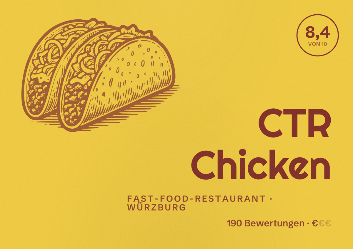 Illustriertes Poster von CTR Chicken, Fast-Food-Restaurant in Würzburg: Bewertung 8,4 von 10 aus 190 Bewertungen, Preisniveau €
