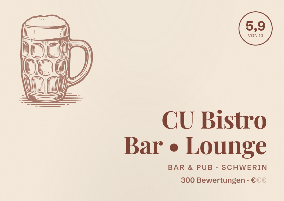 Illustriertes Poster von CU Bistro Bar • Lounge, Bar & Pub in Schwerin: Bewertung 5,9 von 10 aus 300 Bewertungen, Preisniveau €