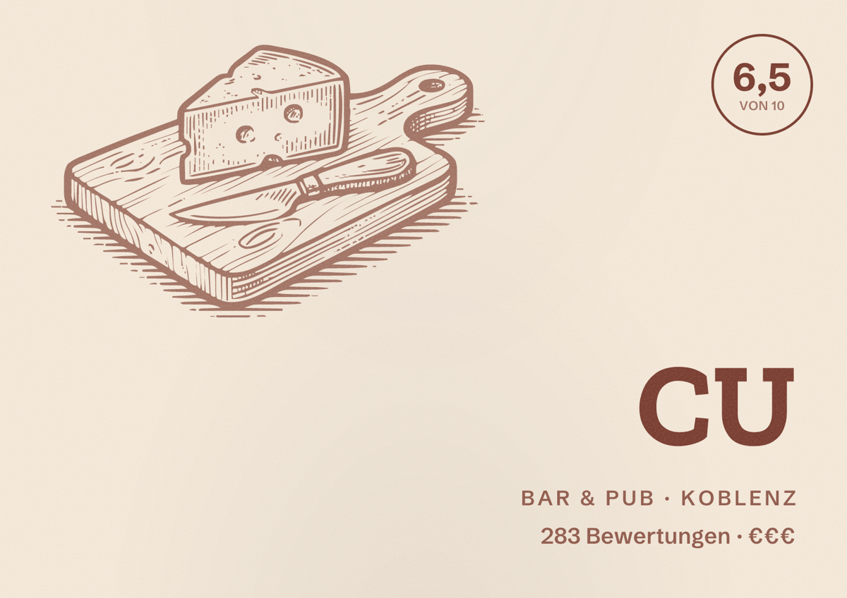Illustriertes Poster von CU, Bar & Pub in Koblenz: Bewertung 6,5 von 10 aus 283 Bewertungen, Preisniveau €€€