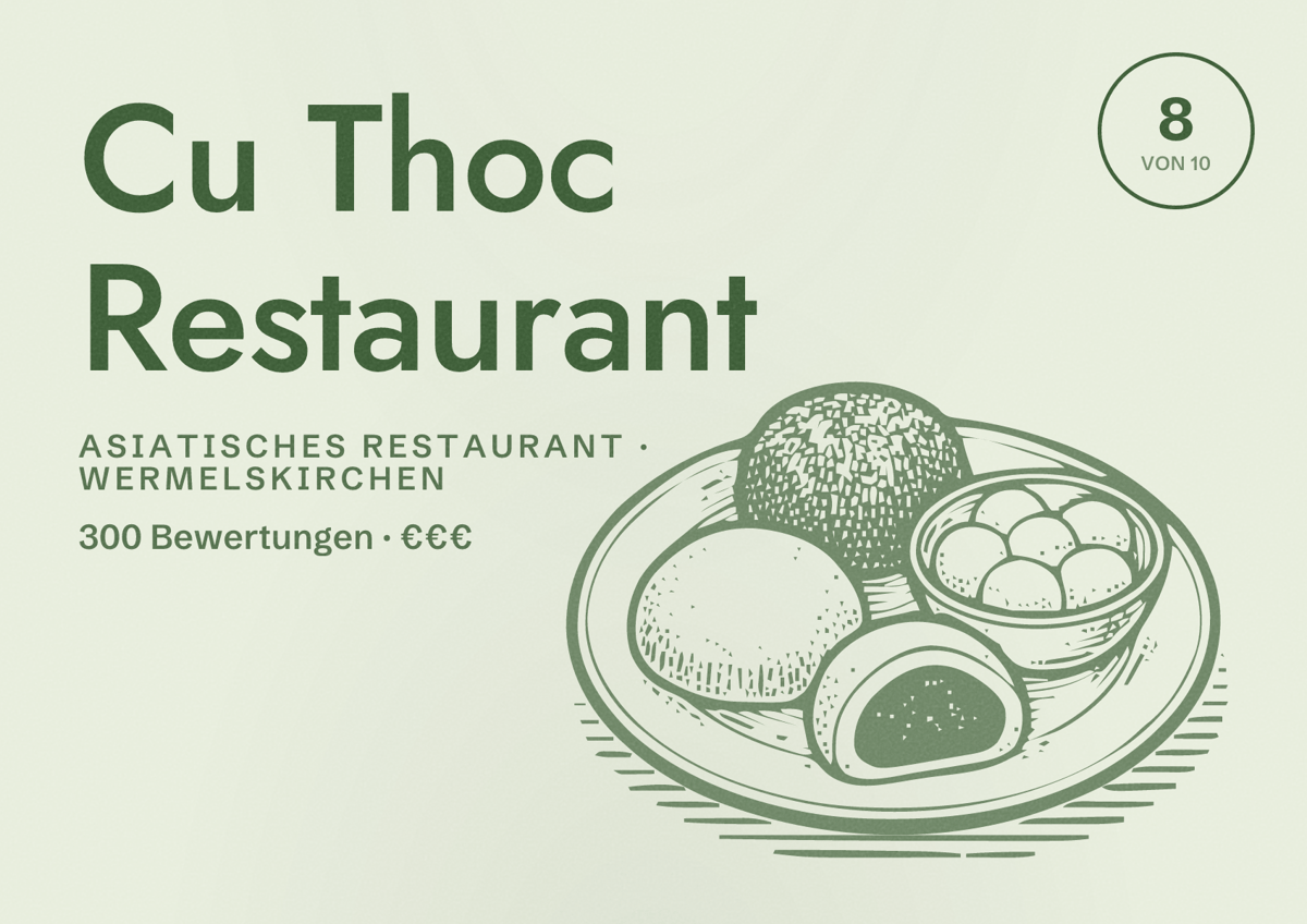 Illustriertes Poster von Cu Thoc Restaurant, Asiatisches Restaurant in Wermelskirchen: Bewertung 8 von 10 aus 300 Bewertungen, Preisniveau €€€