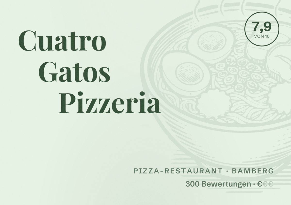 Illustriertes Poster von Cuatro Gatos Pizzeria, Pizza-Restaurant in Bamberg: Bewertung 7,9 von 10 aus 300 Bewertungen, Preisniveau €