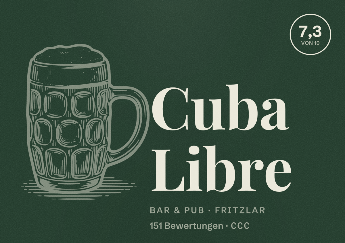 Illustriertes Poster von Cuba Libre, Bar & Pub in Fritzlar: Bewertung 7,3 von 10 aus 151 Bewertungen, Preisniveau €€€