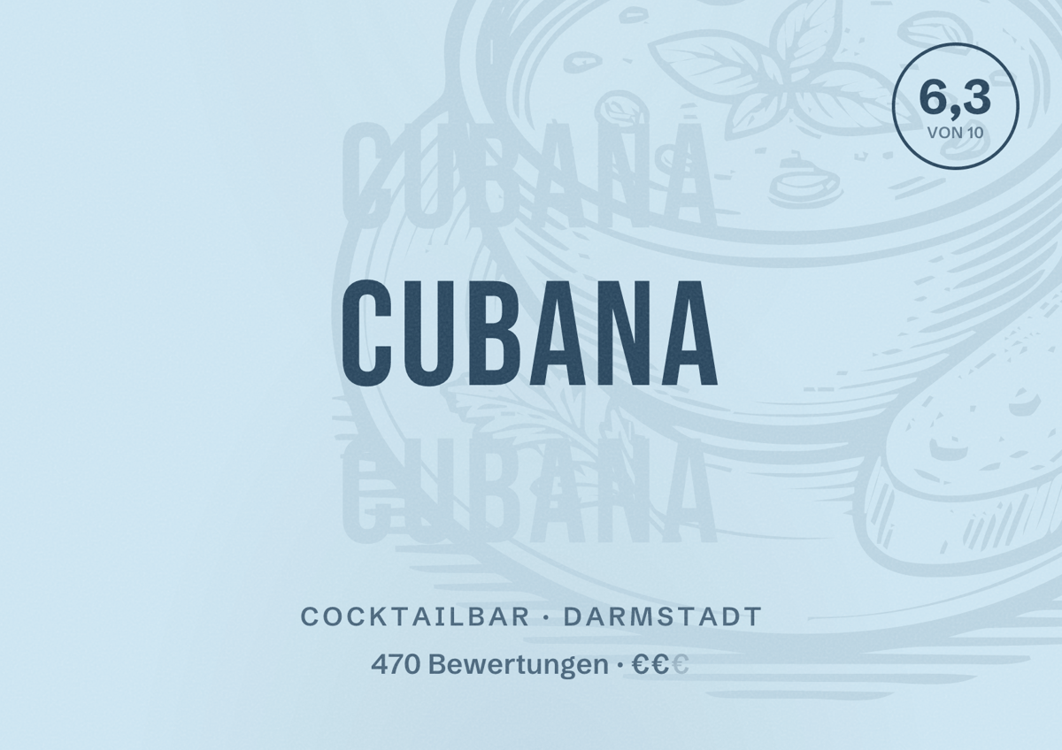 Illustriertes Poster von Cubana, Cocktailbar in Darmstadt: Bewertung 6,3 von 10 aus 470 Bewertungen, Preisniveau €€