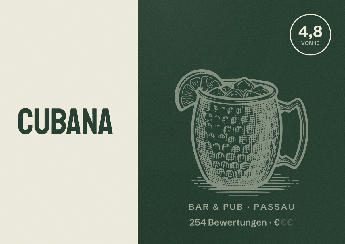 Illustriertes Poster von Cubana, Bar & Pub in Passau: Bewertung 4,8 von 10 aus 254 Bewertungen, Preisniveau €