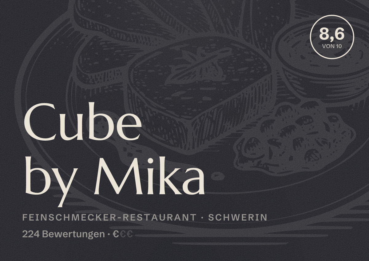 Illustriertes Poster von Cube by Mika, Feinschmecker-Restaurant in Schwerin: Bewertung 8,6 von 10 aus 224 Bewertungen, Preisniveau €