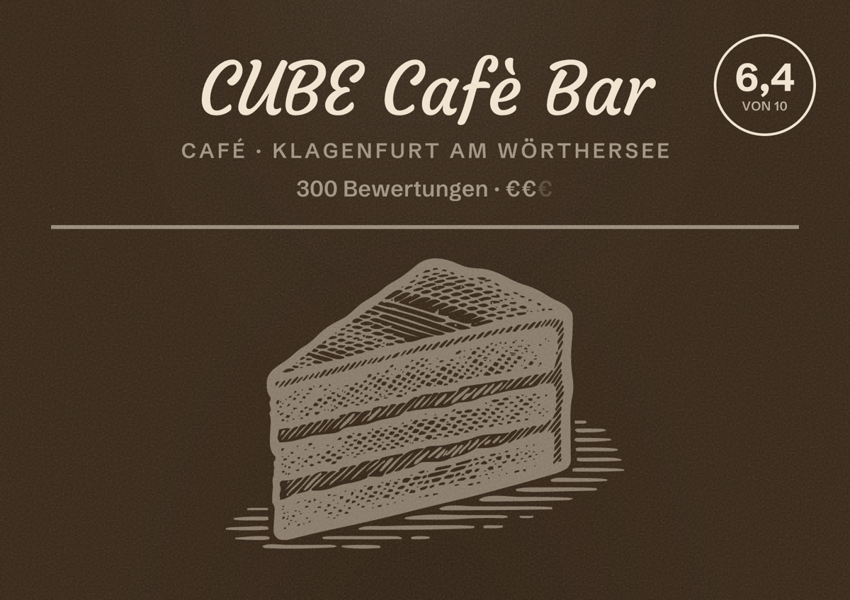 Illustriertes Poster von CUBE Cafè Bar, Café in Klagenfurt am Wörthersee: Bewertung 6,4 von 10 aus 300 Bewertungen, Preisniveau €€