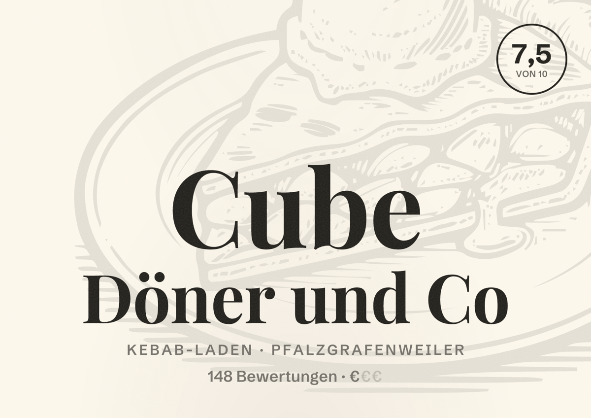 Illustriertes Poster von Cube Döner und Co, Kebab-Laden in Pfalzgrafenweiler: Bewertung 7,5 von 10 aus 148 Bewertungen, Preisniveau €