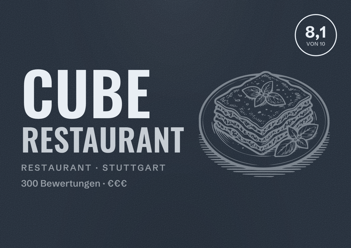 Illustriertes Poster von CUBE Restaurant, Restaurant in Stuttgart: Bewertung 8,1 von 10 aus 300 Bewertungen, Preisniveau €€€