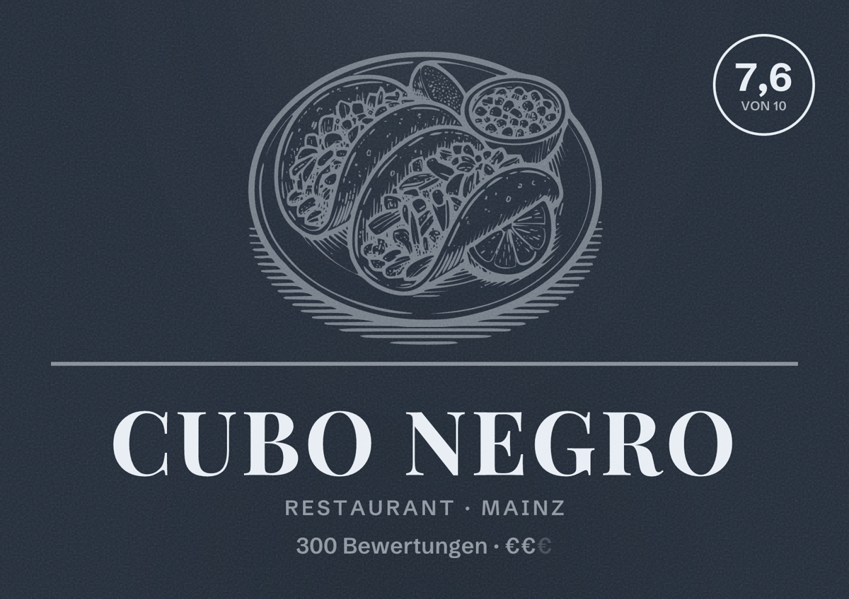 Illustriertes Poster von Cubo Negro, Restaurant in Mainz: Bewertung 7,6 von 10 aus 300 Bewertungen, Preisniveau €€