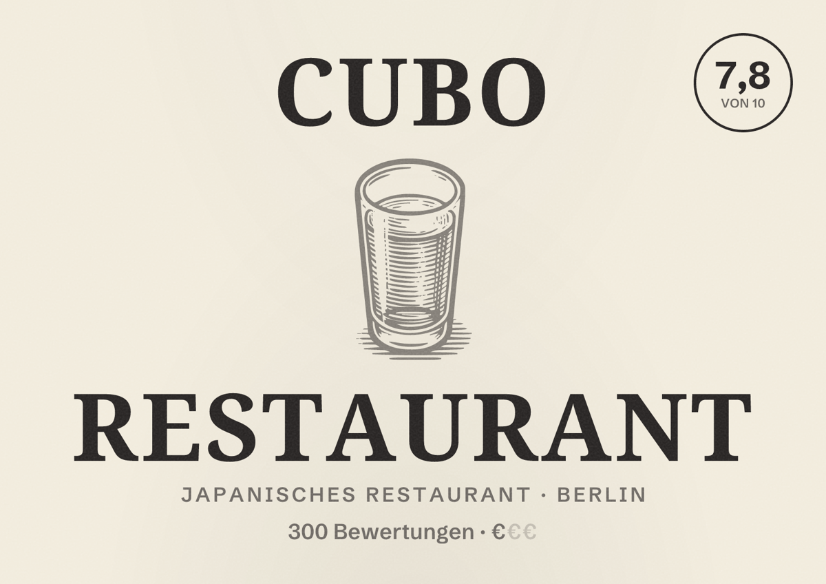 Illustriertes Poster von Cubo Restaurant, Japanisches Restaurant in Berlin: Bewertung 7,8 von 10 aus 300 Bewertungen, Preisniveau €