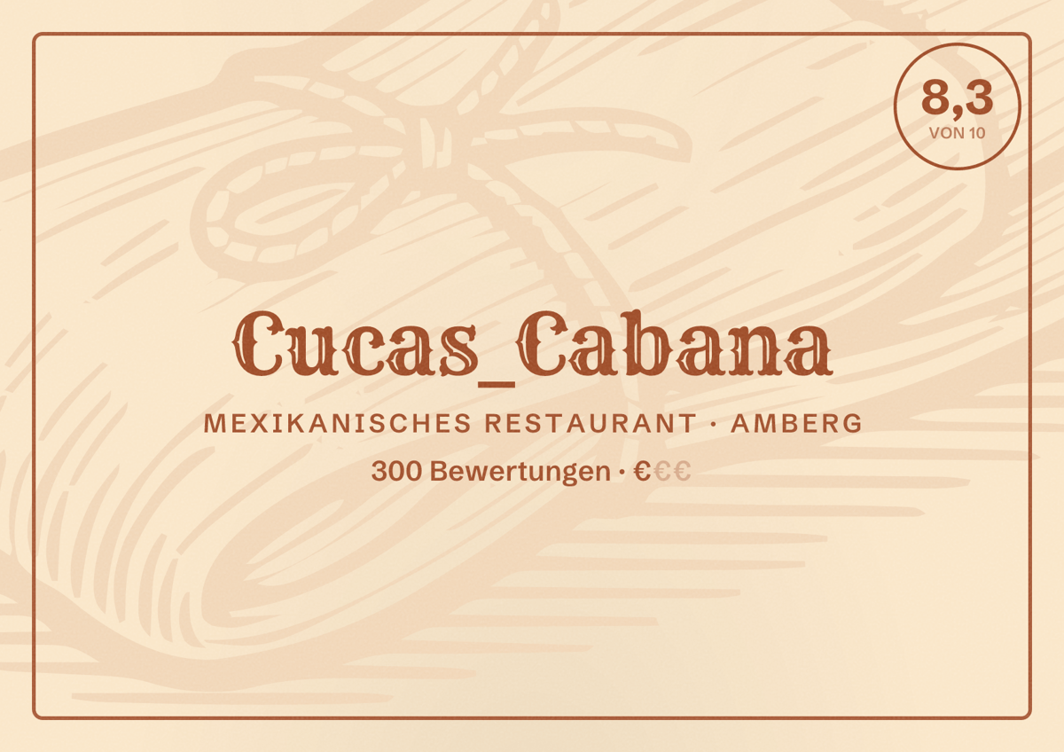 Illustriertes Poster von Cucas_Cabana, Mexikanisches Restaurant in Amberg: Bewertung 8,3 von 10 aus 300 Bewertungen, Preisniveau €