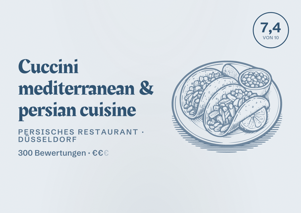Illustriertes Poster von Cuccini mediterranean & persian cuisine, Persisches Restaurant in Düsseldorf: Bewertung 7,4 von 10 aus 300 Bewertungen, Preisniveau €€