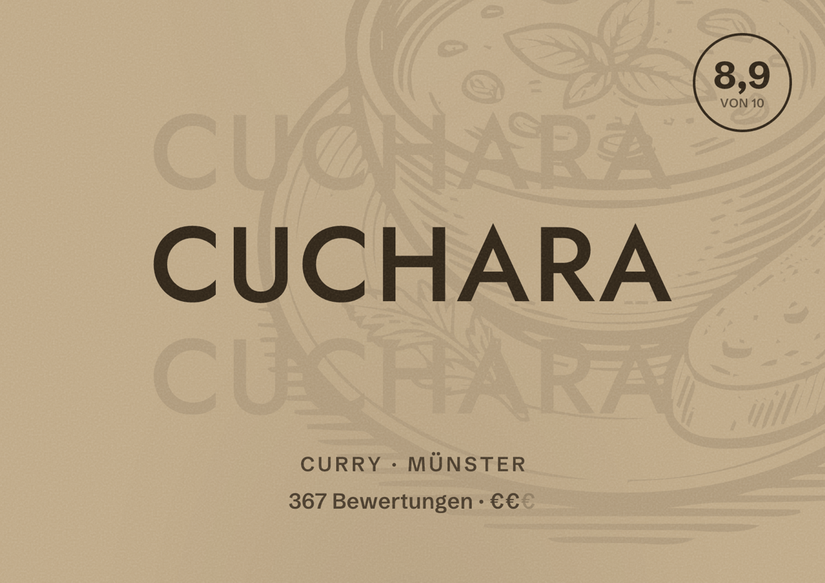 Illustriertes Poster von CUCHARA, Curry in Münster: Bewertung 8,9 von 10 aus 367 Bewertungen, Preisniveau €€