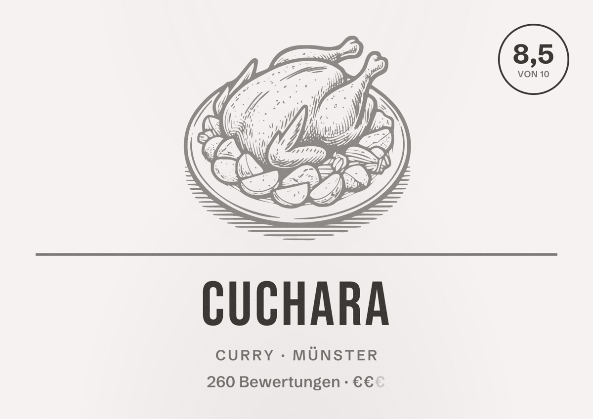 Illustriertes Poster von CUCHARA, Curry in Münster: Bewertung 8,5 von 10 aus 260 Bewertungen, Preisniveau €€