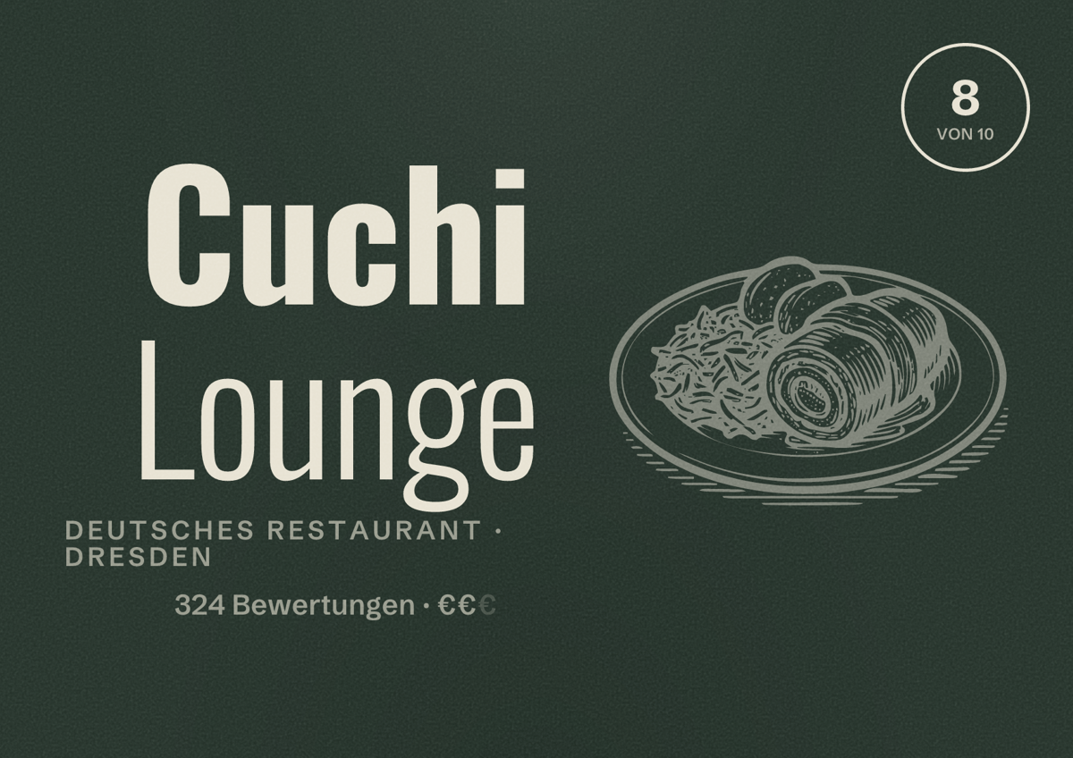 Illustriertes Poster von Cuchi Lounge, Deutsches Restaurant in Dresden: Bewertung 8,0 von 10 aus 324 Bewertungen, Preisniveau €€