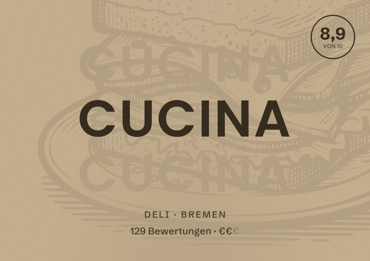 Illustriertes Poster von Cucina, Deli in Bremen: Bewertung 8,9 von 10 aus 129 Bewertungen, Preisniveau €€