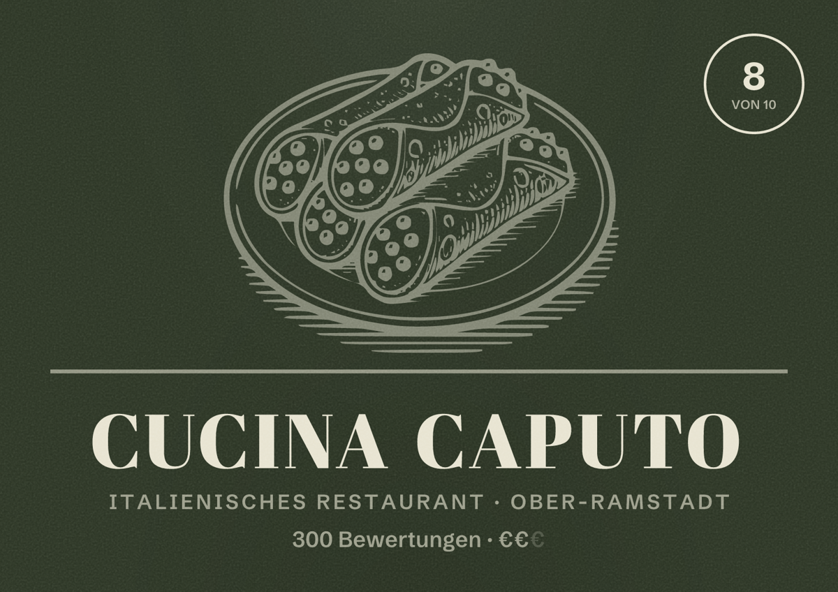 Illustriertes Poster von Cucina Caputo, Italienisches Restaurant in Ober-Ramstadt: Bewertung 8 von 10 aus 300 Bewertungen, Preisniveau €€