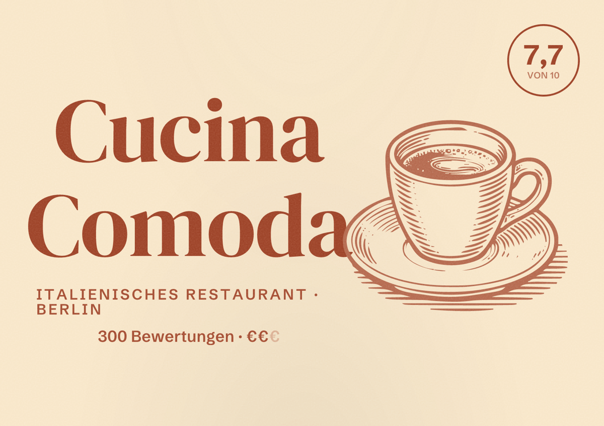 Illustriertes Poster von Cucina Comoda, Italienisches Restaurant in Berlin: Bewertung 7,7 von 10 aus 300 Bewertungen, Preisniveau €€