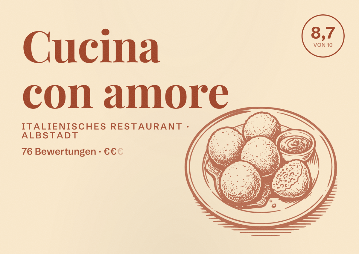 Illustriertes Poster von Cucina con amore, Italienisches Restaurant in Albstadt: Bewertung 8,7 von 10 aus 76 Bewertungen, Preisniveau €€