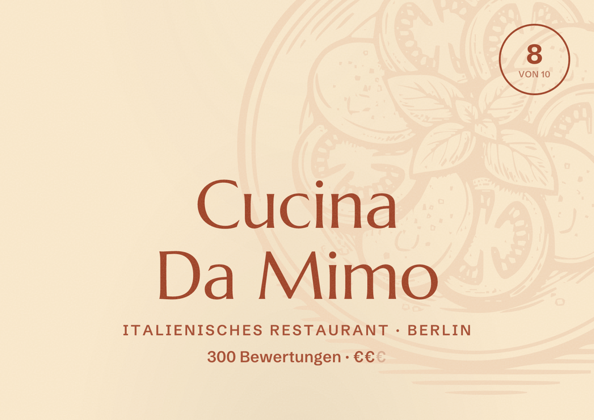 Illustriertes Poster von Cucina Da Mimo, Italienisches Restaurant in Berlin: Bewertung 8,0 von 10 aus 300 Bewertungen, Preisniveau €€