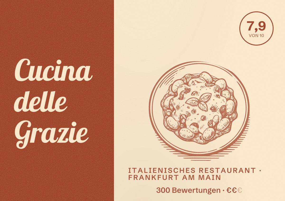 Illustriertes Poster von Cucina delle Grazie, Italienisches Restaurant in Frankfurt am Main: Bewertung 7,9 von 10 aus 300 Bewertungen, Preisniveau €€