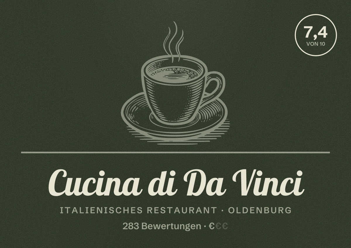 Illustriertes Poster von Cucina di Da Vinci, Italienisches Restaurant in Oldenburg: Bewertung 7,4 von 10 aus 283 Bewertungen, Preisniveau €